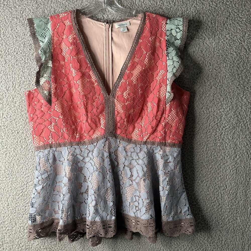 Sundance Coral Pink and Light Blue Lace Peplum Blouse - Picture 2 of 9